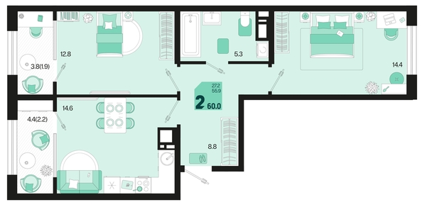 
   Продам 2-комнатную, 60 м², Первое место, квартал 1.4, литер 2

. Фото 6.