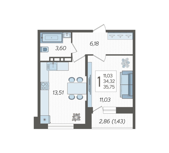 
   Продам 1-комнатную, 35.75 м², Смородина, литера 18

. Фото 2.