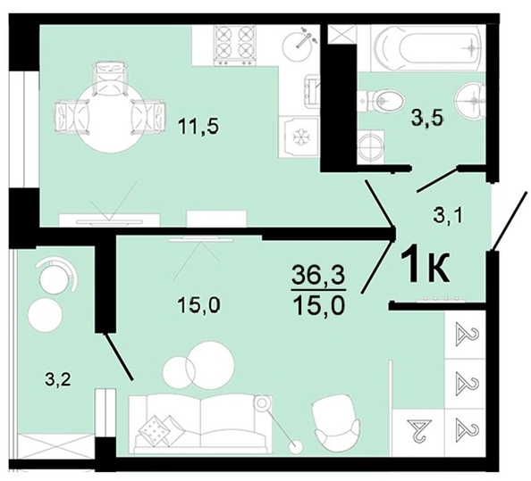 
  Продается 1-комн. квартира, 36.3 м², ЖК Горячий, литера 1
. Фото 1.