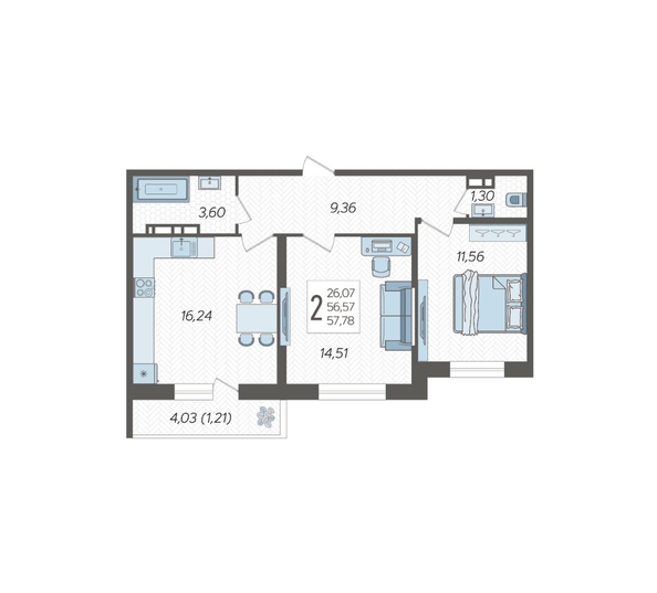 
  Продается 2-комн. квартира, 57.78 м², ЖК Смородина, литера 17
. Фото 2.