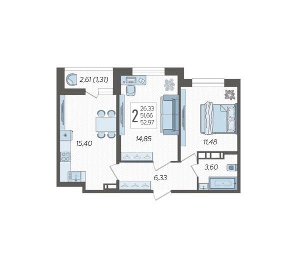 
  Продается 2-комн. квартира, 52.97 м², ЖК Смородина, литера 18
. Фото 2.