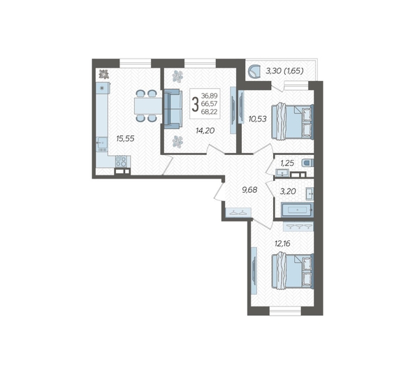
  Продается 3-комн. квартира, 68.22 м², ЖК Смородина, литера 17
. Фото 2.