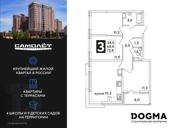 
  Продается 3-комн. квартира, 72.8 м², ЖК Самолет, литера 60
. Фото 3.