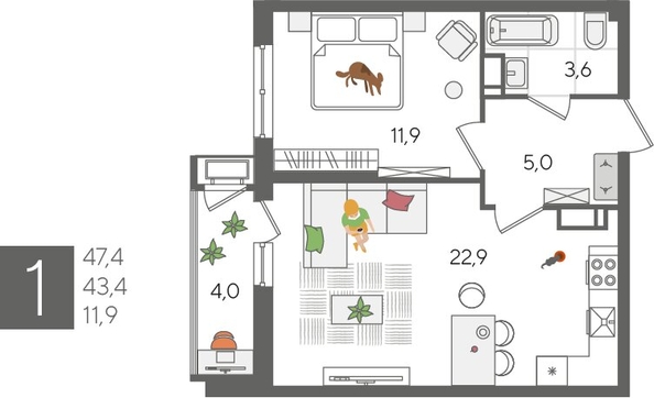 
  Продается 1-комн. квартира, 47.4 м², ЖК Рекорд 2, литера 1
. Фото 1.