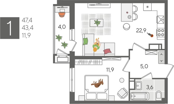 
  Продается 1-комн. квартира, 47.4 м², ЖК Рекорд 2, литера 1
. Фото 1.
