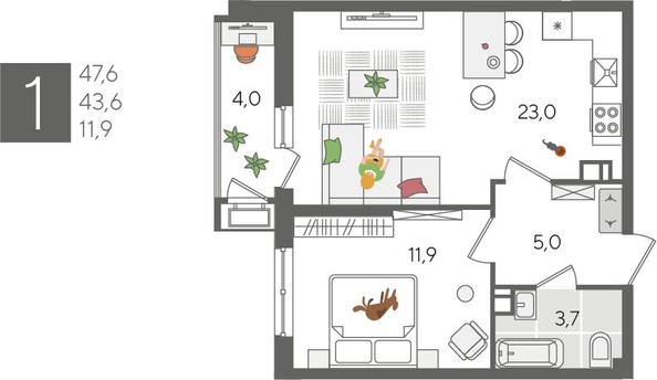 
  Продается 1-комн. квартира, 47.6 м², ЖК Рекорд 2, литера 1
. Фото 1.
