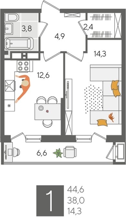 
  Продается 1-комн. квартира, 44.6 м², ЖК Рекорд 2, литера 2
. Фото 1.