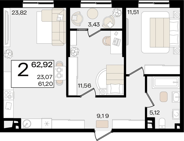 
  Продается  квартира 62.92 м², в ЖК Патрики, литер 1.1. Фото 1.