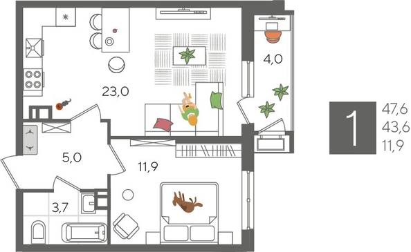 
  Продается 1-комн. квартира, 47.6 м², ЖК Рекорд 2, литера 3
. Фото 1.