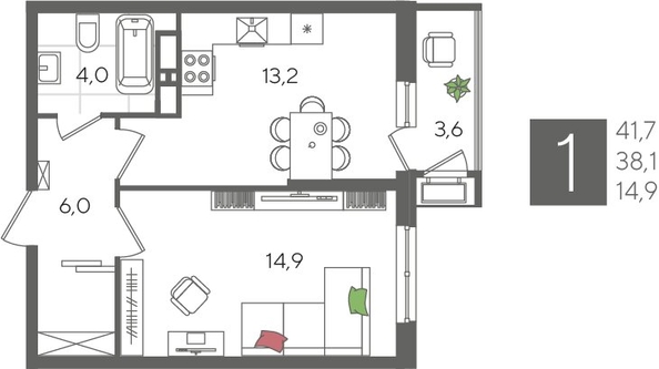 
  Продается 1-комн. квартира, 41.7 м², ЖК Рекорд 2, литера 3
. Фото 1.