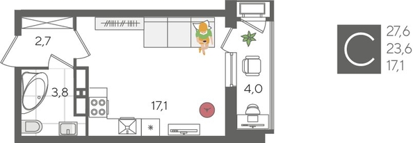 
  Продается студия, 27.6 м², ЖК Рекорд 2, литера 3
. Фото 1.