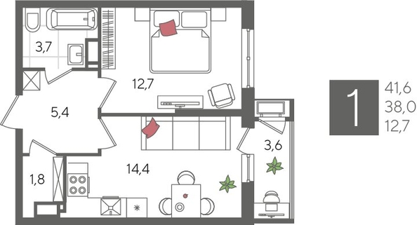 
  Продается 1-комн. квартира, 41.6 м², ЖК Рекорд 2, литера 4
. Фото 1.