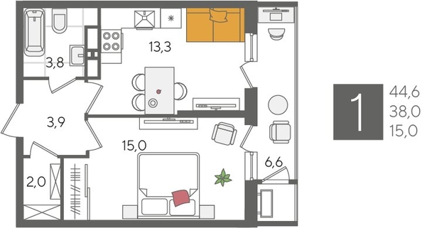 
  Продается 1-комн. квартира, 44.6 м², ЖК Рекорд 2, литера 4
. Фото 1.
