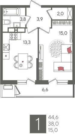 
  Продается 1-комн. квартира, 44.6 м², ЖК Рекорд 2, литера 5
. Фото 1.