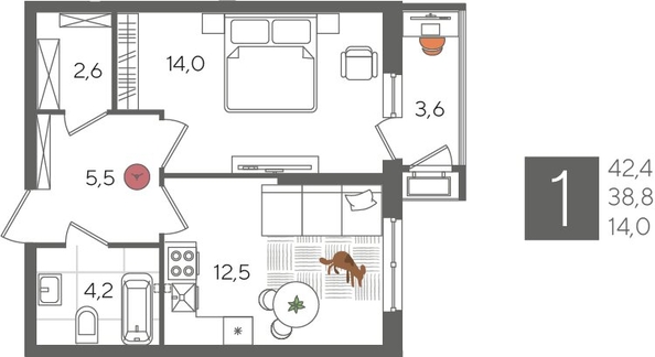 
  Продается 1-комн. квартира, 42.4 м², ЖК Рекорд 2, литера 5
. Фото 1.