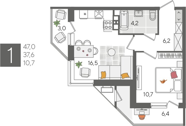 
  Продается 1-комн. квартира, 47 м², ЖК Рекорд 2, литера 5
. Фото 1.