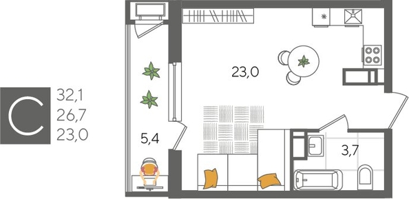 
  Продается студия, 32.1 м², ЖК Рекорд 2, литера 5
. Фото 1.