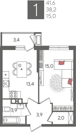 
  Продается 1-комн. квартира, 41.6 м², ЖК Рекорд 2, литера 5
. Фото 1.