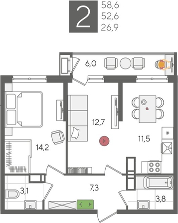 
  Продается 2-комн. квартира, 58.6 м², ЖК Рекорд 2, литера 5
. Фото 1.