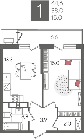 
  Продается 1-комн. квартира, 44.6 м², ЖК Рекорд 2, литера 5
. Фото 1.