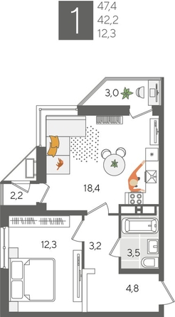 
  Продается 1-комн. квартира, 47.4 м², ЖК Рекорд 2, литера 5
. Фото 1.