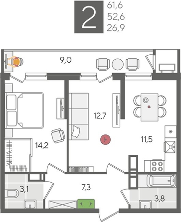 
  Продается 2-комн. квартира, 61.6 м², ЖК Рекорд 2, литера 5
. Фото 1.