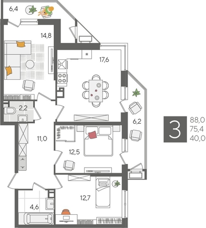 
  Продается 3-комн. квартира, 88 м², ЖК Рекорд 2, литера 6
. Фото 1.