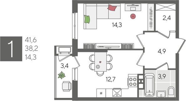 
  Продается 1-комн. квартира, 41.6 м², ЖК Рекорд 2, литера 6
. Фото 1.