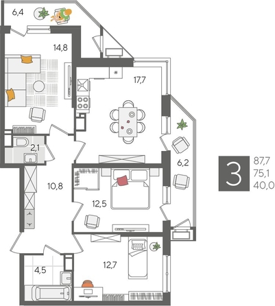 
  Продается 3-комн. квартира, 87.7 м², ЖК Рекорд 2, литера 6
. Фото 1.