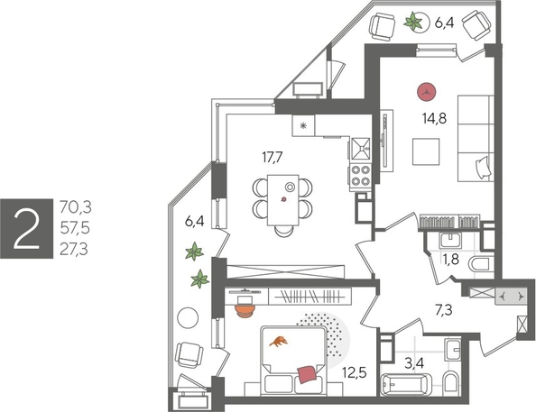 
  Продается 2-комн. квартира, 70.3 м², ЖК Рекорд 2, литера 6
. Фото 1.
