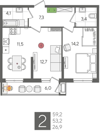 
  Продается 2-комн. квартира, 59.2 м², ЖК Рекорд 2, литера 6
. Фото 1.