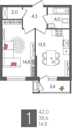 
  Продается 1-комн. квартира, 42 м², ЖК Рекорд 2, литера 6
. Фото 1.