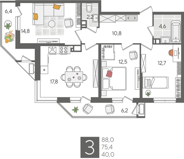 
  Продается 3-комн. квартира, 88 м², ЖК Рекорд 2, литера 6
. Фото 1.