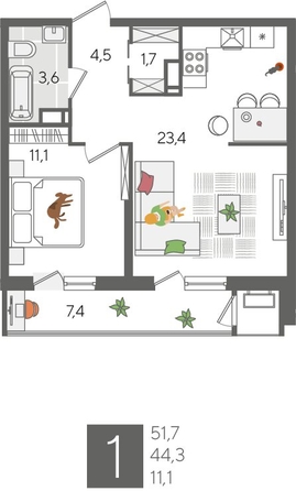 
  Продается 1-комн. квартира, 51.7 м², ЖК Рекорд 2, литера 1
. Фото 1.