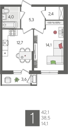 
  Продается 1-комн. квартира, 42.1 м², ЖК Рекорд 2, литера 1
. Фото 1.