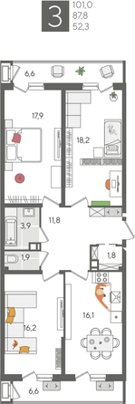 
  Продается 3-комн. квартира, 101 м², ЖК Рекорд 2, литера 1
. Фото 1.