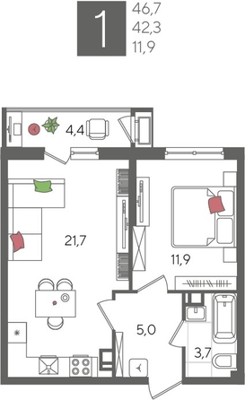 
  Продается 1-комн. квартира, 46.7 м², ЖК Рекорд 2, литера 1
. Фото 1.