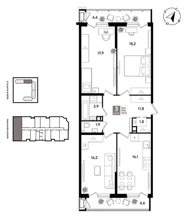 
  Продается 3-комн. квартира 100.1 м², в ЖК Рекорд 2, литера 1. Фото 1.