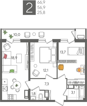 
  Продается 2-комн. квартира, 66.9 м², ЖК Рекорд 2, литера 1
. Фото 1.