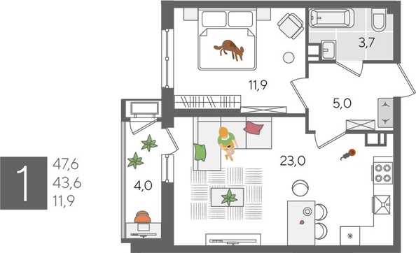 
  Продается 1-комн. квартира, 47.6 м², ЖК Рекорд 2, литера 1
. Фото 1.