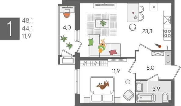 
  Продается 1-комн. квартира, 48.1 м², ЖК Рекорд 2, литера 1
. Фото 1.
