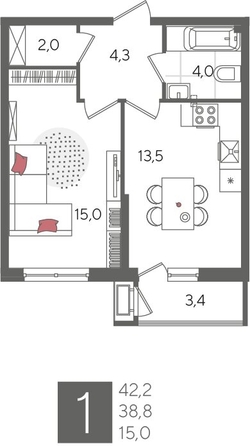 
  Продается 1-комн. квартира, 42.2 м², ЖК Рекорд 2, литера 1
. Фото 1.