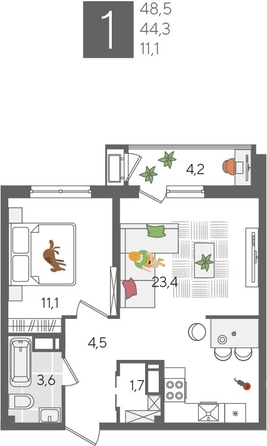 
  Продается 1-комн. квартира, 48.5 м², ЖК Рекорд 2, литера 1
. Фото 1.