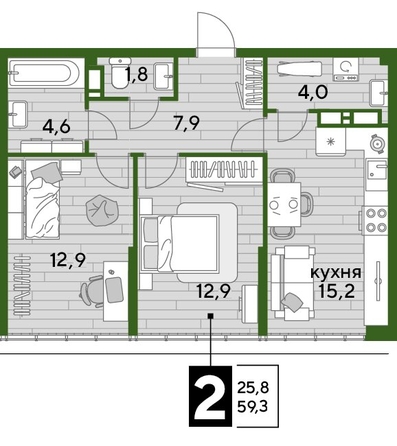 
  Продается 2-комн. квартира, 58.3 м², ЖК DOGMA PARK (Догма парк), лит 1
. Фото 1.