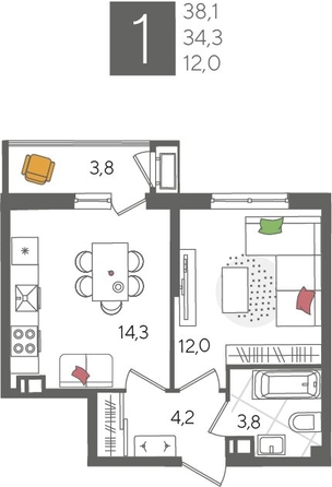 
  Продается 1-комн. квартира, 38.1 м², ЖК Рекорд 2, литера 2
. Фото 1.