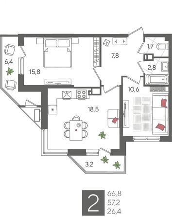 
  Продается 2-комн. квартира 66.6 м², в ЖК Рекорд 2, литера 2. Фото 1.