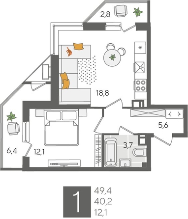 
  Продается 1-комн. квартира 49.6 м², в ЖК Рекорд 2, литера 2. Фото 1.