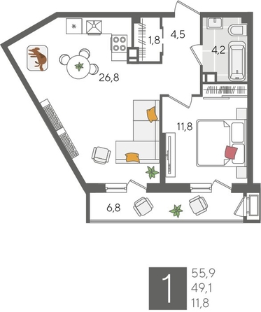 
  Продается 1-комн. квартира 56.1 м², в ЖК Рекорд 2, литера 2. Фото 1.
