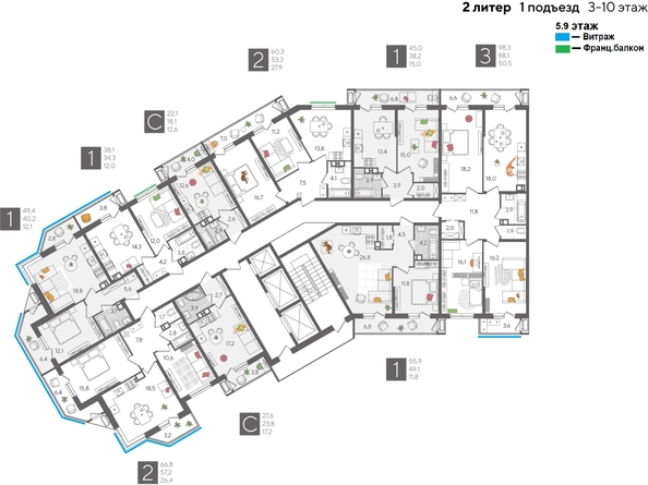 
  Продается 1-комн. квартира 56.1 м², в ЖК Рекорд 2, литера 2. Фото 2.