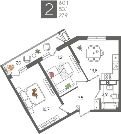 
  Продается 2-комн. квартира, 60.1 м², ЖК Рекорд 2, литера 2
. Фото 1.